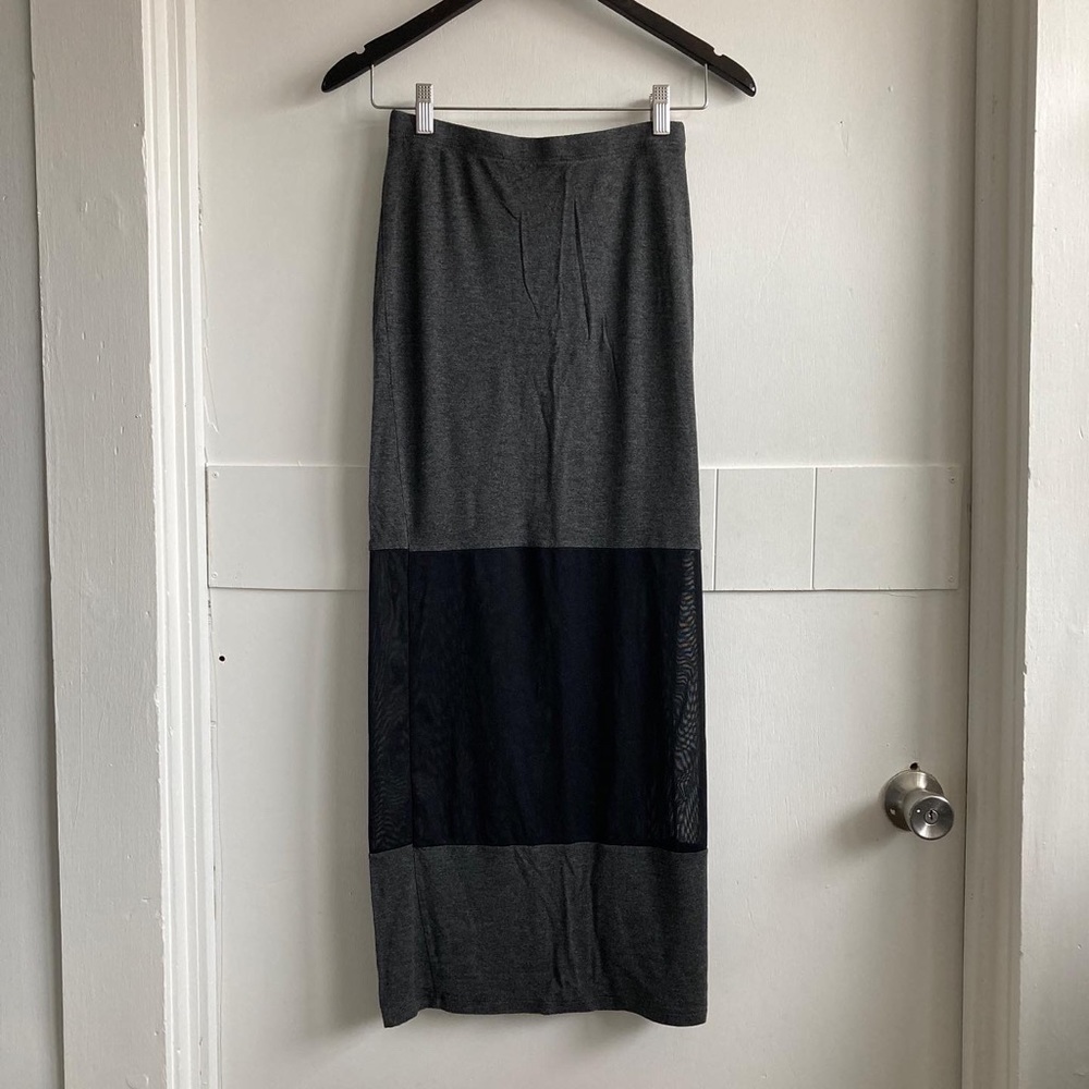 mesh cutout maxi skirt grey stretch w elastic waist | xs | rebel sugar